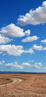 Expansive blue sky with white clouds over a tranquil landscape.