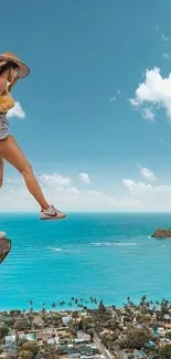 Woman standing on cliff edge overlooking coastal scenery.