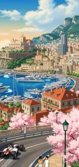 Anime coastal city with cherry blossoms and car race.