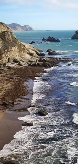 Scenic view of a rocky coastal beach with ocean waves.