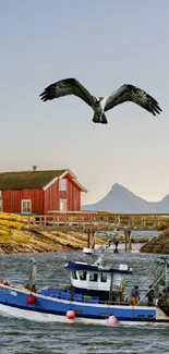 Peaceful boat and bird over coastal waters.