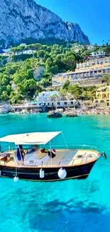 A charming wooden boat on turquoise waters near a scenic coastline.