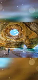 A stunning view inside a coastal cave with sunlight streaming in through the openings.