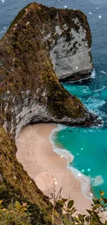 Stunning cliffside beach with turquoise sea and golden sand, perfect mobile wallpaper.