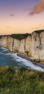 Breathtaking coastal cliffs at sunset with ocean waves and grassy foreground.