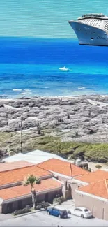 Aerial view of coastline with vibrant blue sea.