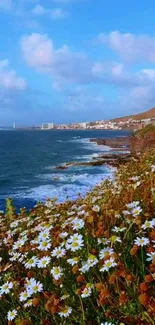 Coastal flowers with a scenic ocean backdrop.