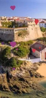 Picturesque coastal fortress with hearts.