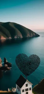 Scenic coastal view with a heart-shaped fingerprint over the ocean.