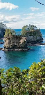 Scenic view of island with blue sea and greenery.