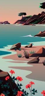 Illustration of a scenic coastal landscape with vibrant flora.