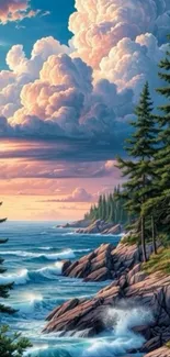 Scenic coastal landscape with trees, cliffs, and clouds.