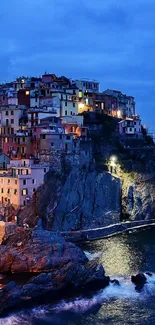 Night view of coastal village with beautiful ocean and glowing lights.