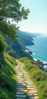 Scenic coastal path with ocean view and greenery.