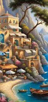 Scenic coastal retreat with cliffs and boats.