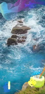 Vibrant coastal cliff wallpaper with blue waves and tropical drink.