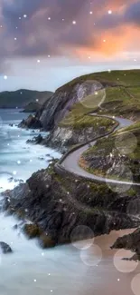 Scenic coastal road at sunset with vibrant skies and tranquil sea.