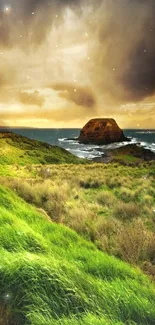 Scenic road with green hills and sunset sky on the coast.