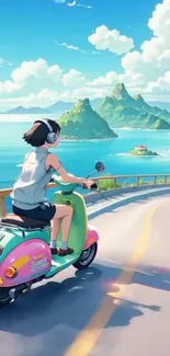 A scenic coastal scooter ride with an island in the background.
