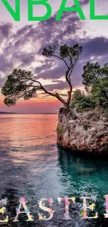 Scenic sunset view with rock island and tree on tranquil water.