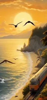 Train traveling along a sunset coastal landscape with sea and birds.