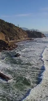 Mobile wallpaper of a scenic coastal view with waves and green cliffs.