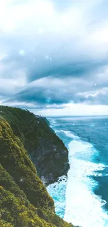 Scenic coastal view with cliffs and ocean under a vibrant sky.