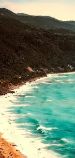 Aerial view of a turquoise coastal landscape with lush cliffs.