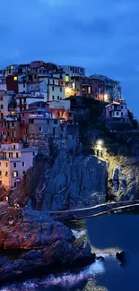 Scenic view of a coastal village at dusk with dramatic blue tones.