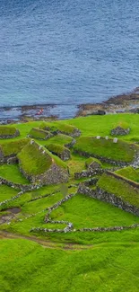 Scenic view of a green coastal village and ocean.