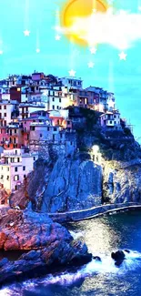 Colorful coastal village on rocky cliffs overlooking the sea at twilight.