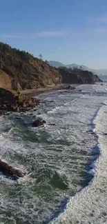 Ocean waves crashing against cliffs at the coastline.