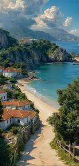 Coastal path leading to a serene beach with villas and lush greenery.