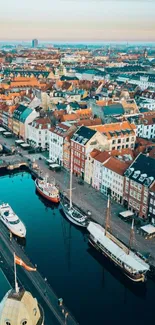 Aerial view of Copenhagen's colorful harbor and cityscape.