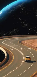 Surreal highway wallpaper with Earth view and cosmic landscape.