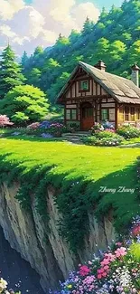 Charming cottage on a green cliffside with colorful flowers and lush trees.