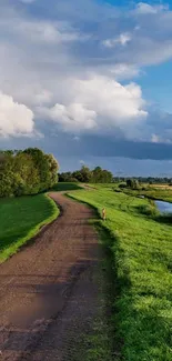 Scenic country path through green fields under a blue sky.