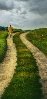 Lone figure on a winding country path with greenery and cloudy sky.