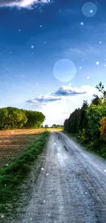 A scenic country road with blue sky and lush green surroundings.