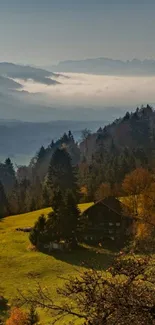 Misty autumn hills with a rustic cottage and trees in a scenic countryside.