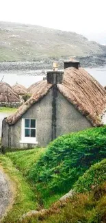 Serene countryside with thatched cottage and lush greenery.