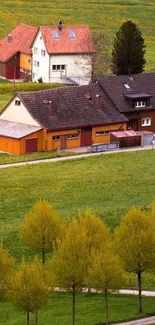 Charming countryside house in lush green fields.