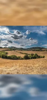 Scenic countryside with blue skies and golden fields.