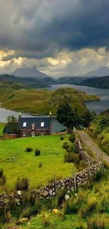 Serene countryside landscape with cottage and lake view.