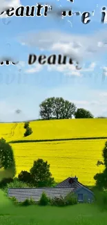 Countryside with green fields and house under a blue sky.