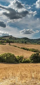 Golden fields under a cloudy sky with hills in the background.