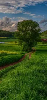 Scenic countryside with lush green fields under a vibrant blue sky.