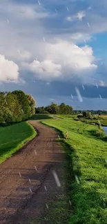 Peaceful countryside path with green fields and blue sky.