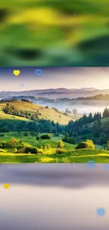 Lush green hills at sunrise with heart motifs.