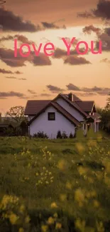 Wallpaper of a countryside house at sunset with a golden sky and flowers.